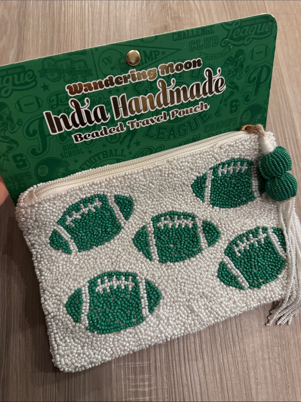 Indie Handmade Beaded White & Green Football Card Holder - Picture 8 of 9